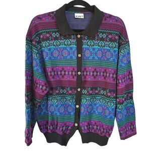 Vintage 80s Ski Colorful Collared Cardigan Sweater Nordic Statement Scandi Top
